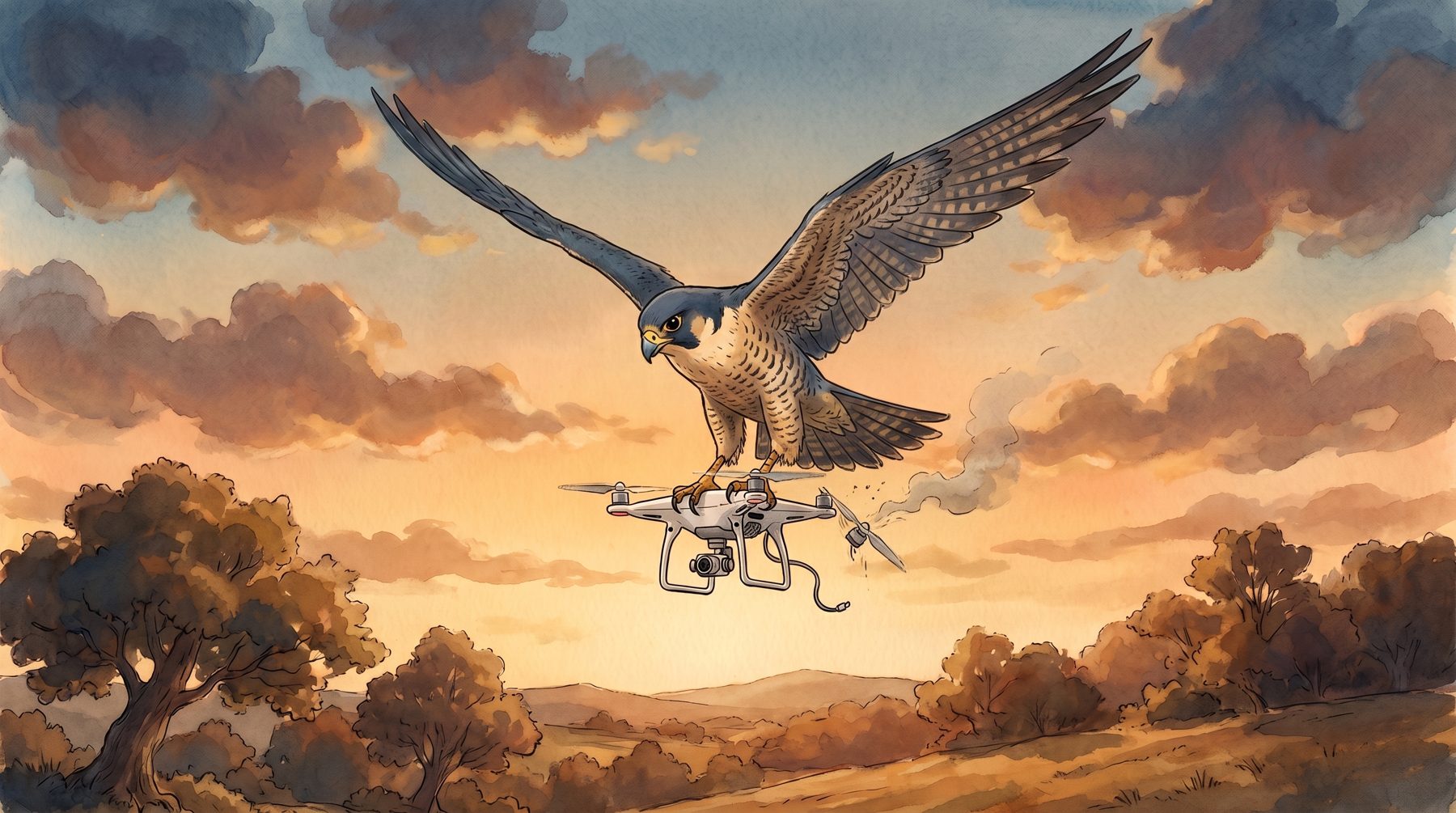 A falcon, wings spread, talons closed around a small drone with a bent rotor, against a dusk sky — hand-painted in a Ghibli-influenced watercolor style.